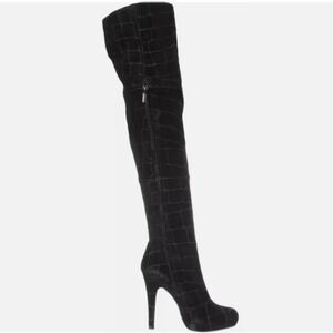 Report Signature Fairfax 3 Black Suede Thigh Geometric Platform Rave Boots 8